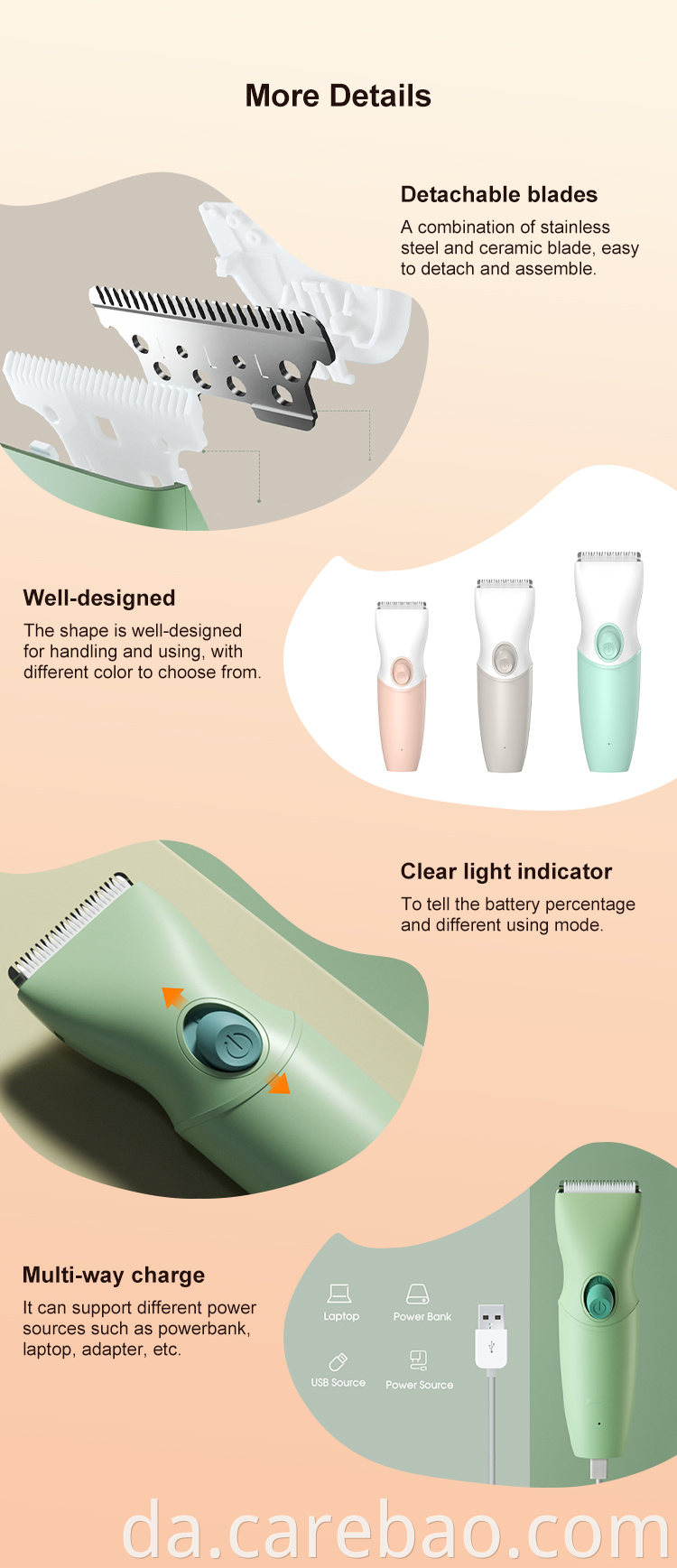 CareBao Ny stil Vandtæt kropshår Clipper Baby Hair Trimmer Clipper sæt med en ny emballageboks